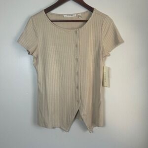 Cyrus Ribbed Knit Button Front Short Sleeve Top Beige Women's Size Medium‎ NWT